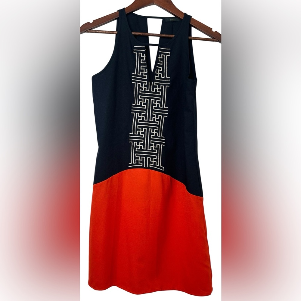 THML Abriana Color block Embroidered Navy Orange Sleeveless Shift Mini Dress XS
